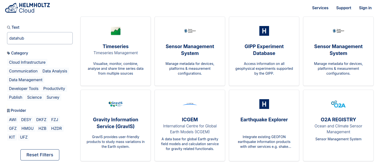 Screenshot of Helmholtz Cloud Portal filtering DataHub