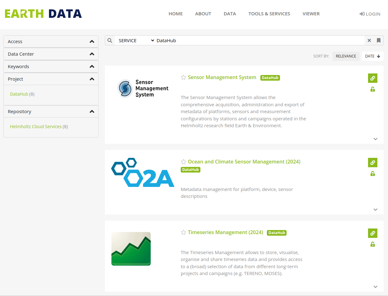 Screenshot of Earth DataHub Services 