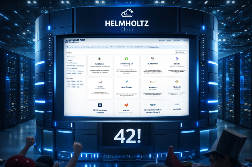A futuristic version of Deep Thought, the legendary supercomputer from *The Hitchhiker’s Guide to the Galaxy*, displays the Helmholtz Cloud on its screen. Beneath it, the iconic answer “42!” glows, referencing its role as the machine that calculated the Answer to the Ultimate Question of Life, the Universe, and Everything.