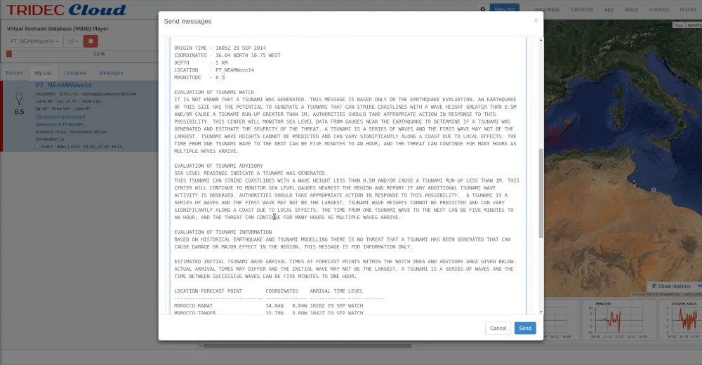 Screenshot about sending information about a tsunami with TRIDEC Cloud