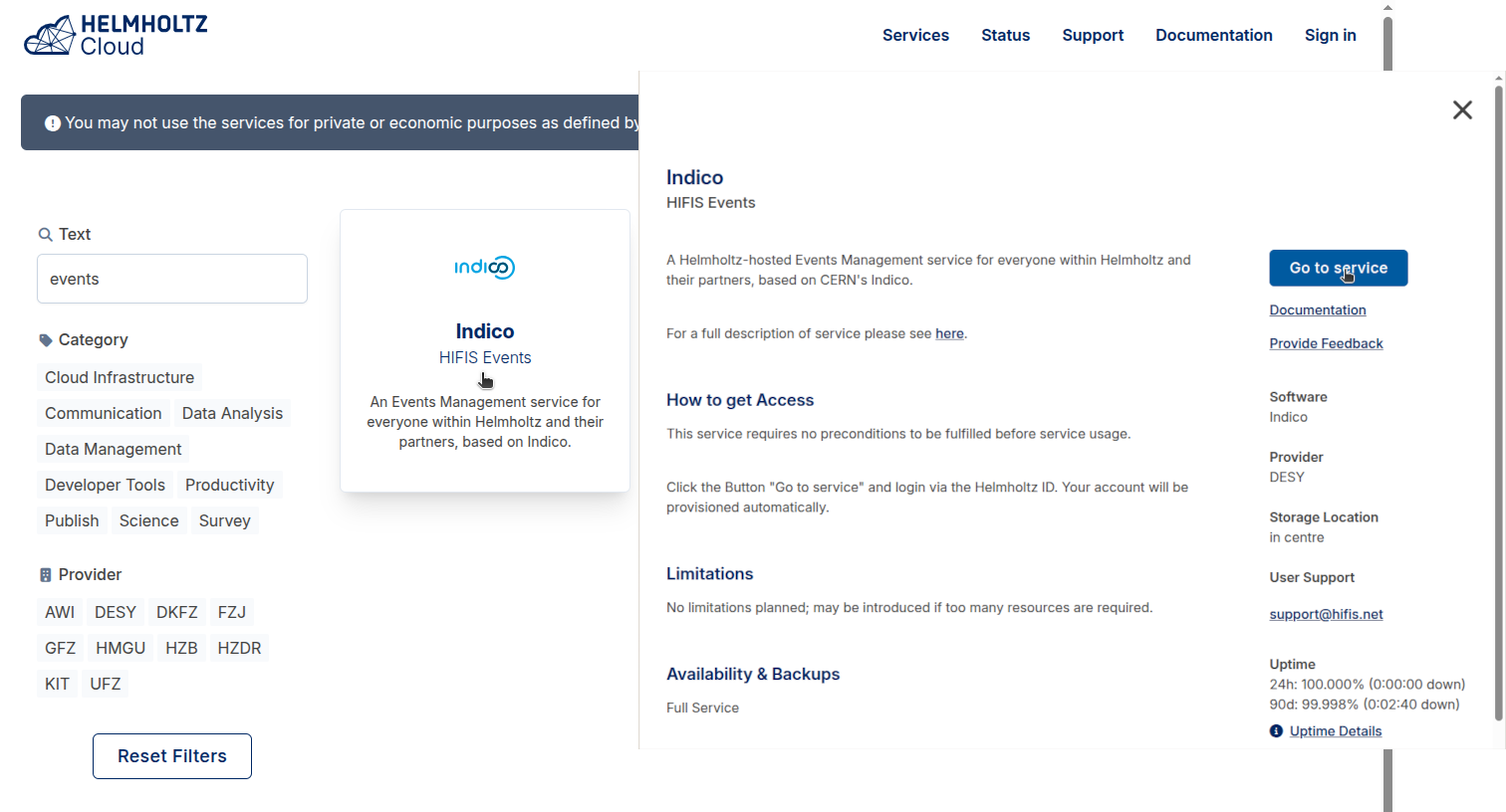 Cloud portal link to service