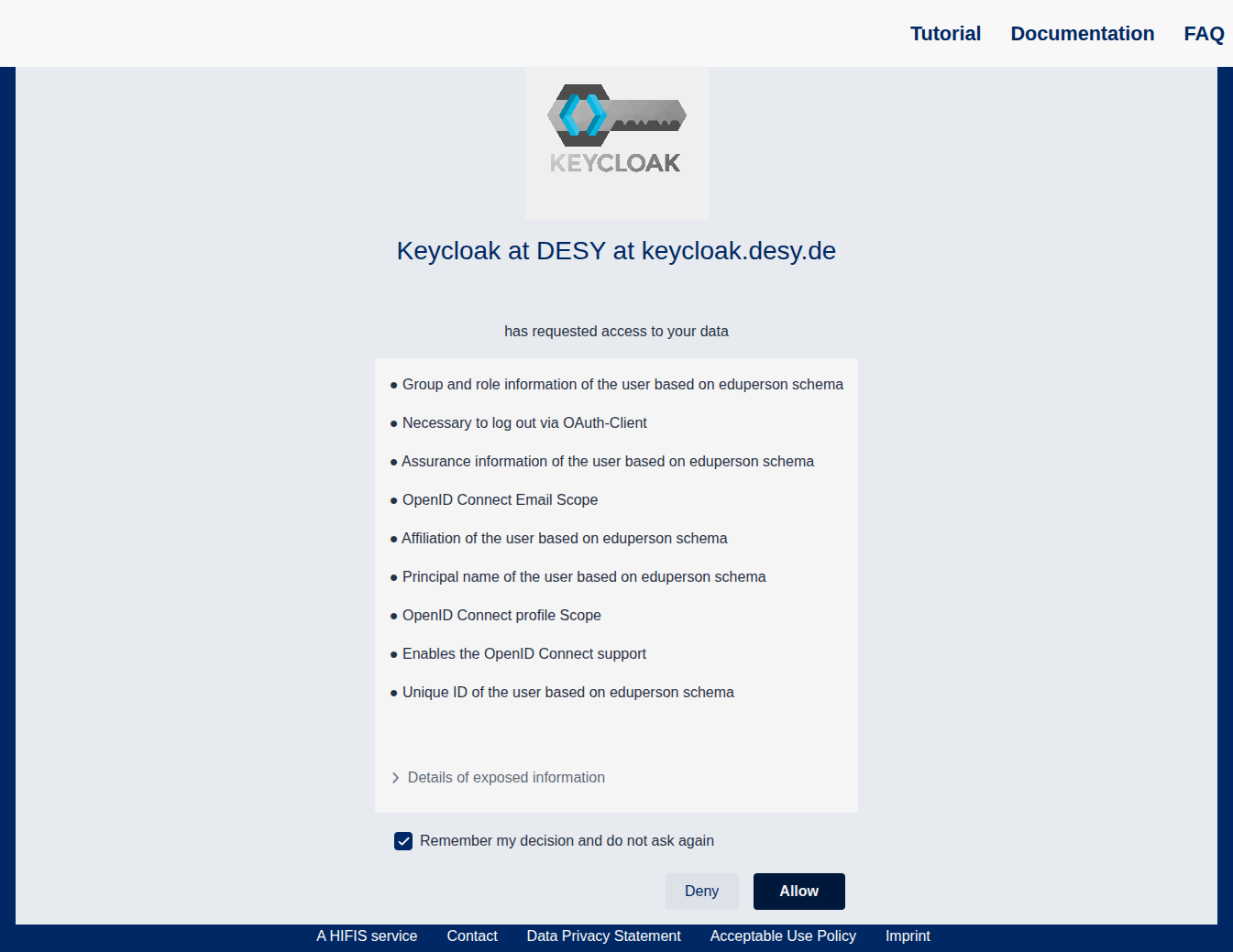 Consent data transmission from Helmholtz ID