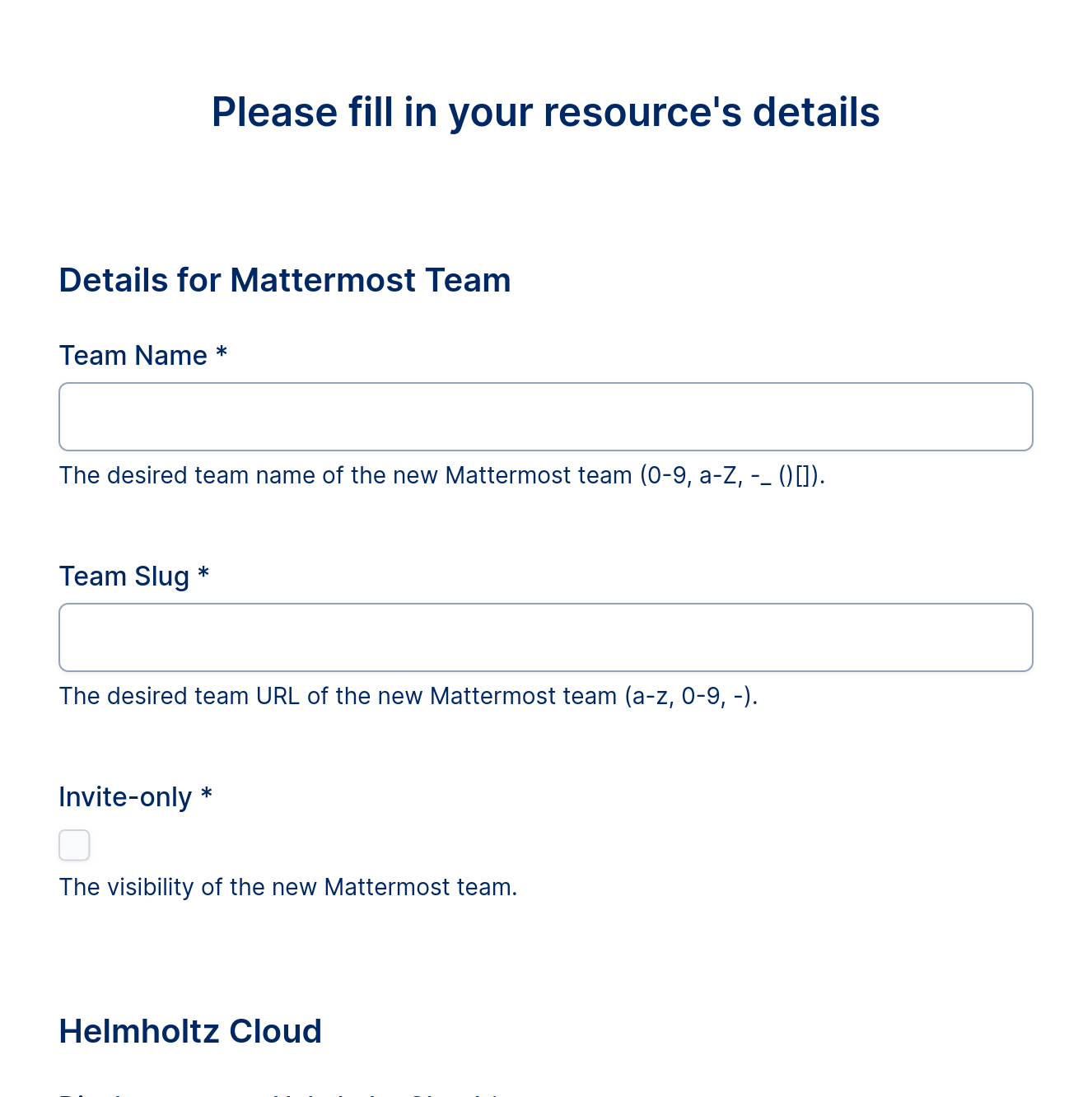A screenshot showing the resource-specific section of the resource form on Helmholtz Cloud.