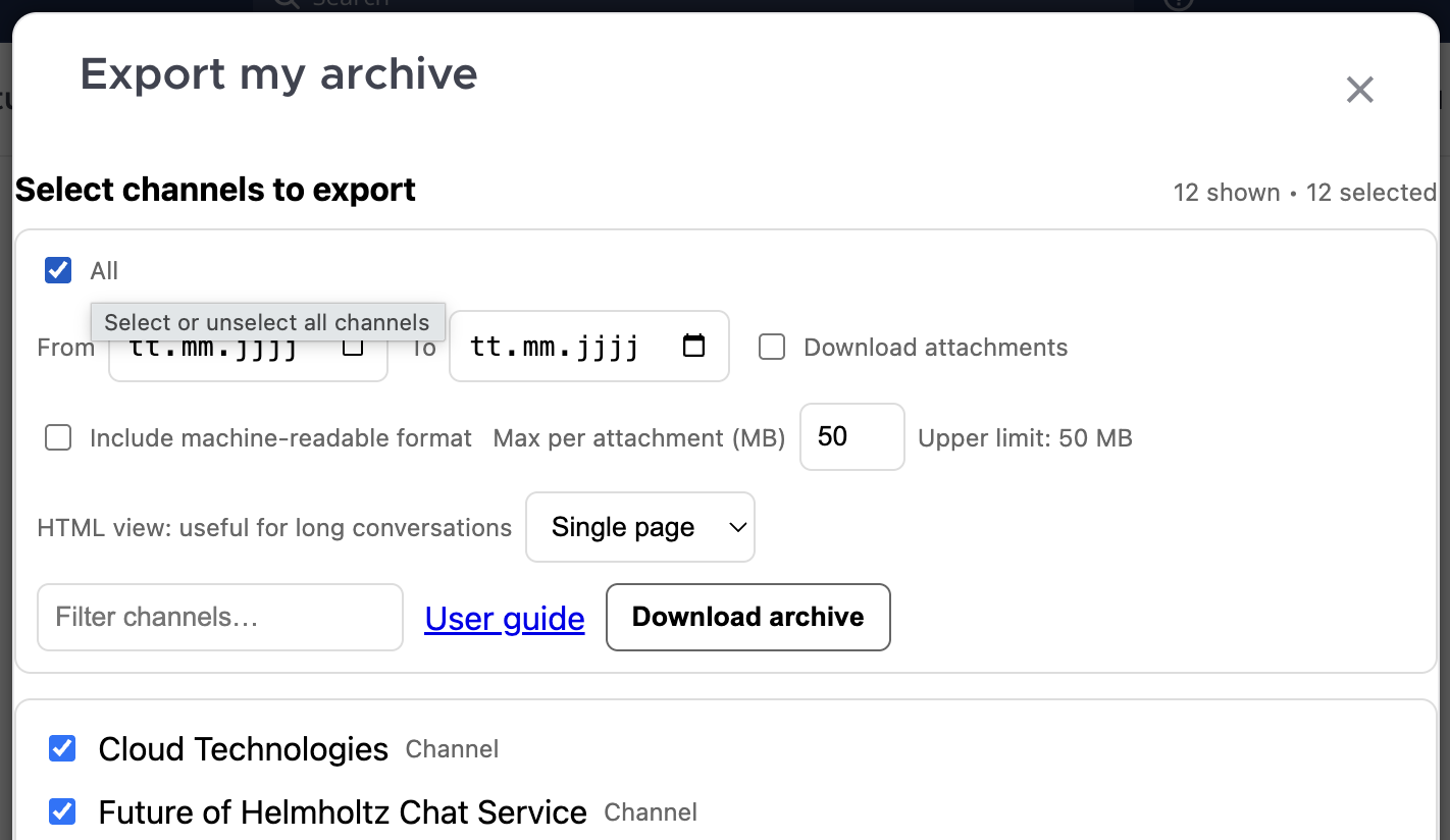 Screenshot: picker with channel list