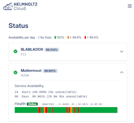 screenshot of the status page showing the availability of the first services